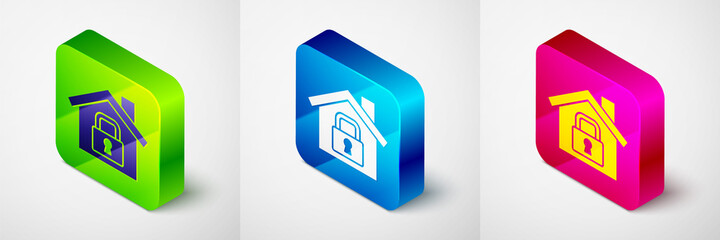 Isometric House under protection icon isolated on grey background. Home and lock. Protection, safety, security, protect, defense concept. Square button. Vector.