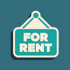 Green Hanging sign with text For Rent icon isolated on green background. Signboard with text For Rent. Long shadow style. Vector.