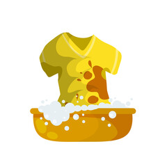 Washing dirty clothes. T-shirt with spots. Detergent and Laundry. Cleanliness and cleaning. Flat cartoon concept. Basin of soap suds