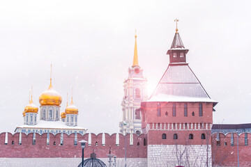 Tula Kremlin in Russia, winter panoramic view of Tula kremlin with brick wall, tower and old church