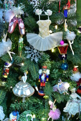 Close up of a Nutcracker ballet Christmas tree displaying ornaments of nutcrackers, tutus, dancers. © Don Masten II