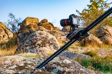 Camera on slider shots hills in the Carpathians mountains