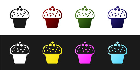 Set Cake icon isolated on black and white background. Happy Birthday. Vector.