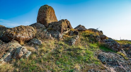 Huge deposits of stone minerals in a clearing bathed in warm sun