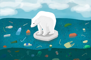 An illustration of a polar bear on an ice floe in the middle of a human-polluted ocean.