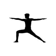 Silhouette of a man doing yoga on a white background.