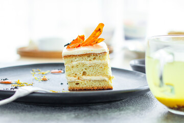 piece of cake biscuit cream sweet dessert slice layers vanilla kurd on the table meal snack top view copy space for text food background rustic image