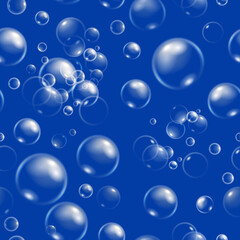 Seamless pattern soap bubbles on dark background. Blue water balls. Realistic vector background.