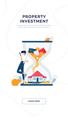 Property investment banner. Investor awaits a generating income from long-term investing. Make money in property, passive income, cash flow concept for web, emailing. Flat design vector illustration