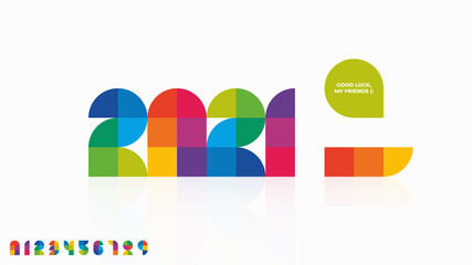 Concept of changing the year from 2020 to 2021. Vector illustration of abstract geometric numbers set made of colorful blocks isolated on white background for your design