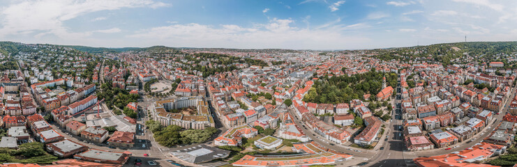 Fototapeta na wymiar 360 Spherical panorama view of Stuttgart suburb near hills in Germany at summer noon