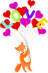 Little fox on balloons on Valentine's Day