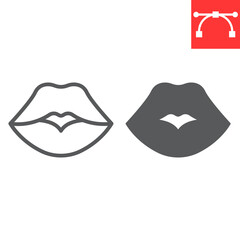 Red lips line and glyph icon, valentines day and kiss, sexy lips sign vector graphics, editable stroke linear icon, eps 10.