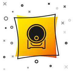 Black Wooden barrel on rack with stopcock icon isolated on white background. Yellow square button. Vector.