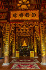Wide angle view of Ho Quoc pagoda (Vietnamese name is Truc Lam Thien Vien) with big statue of guanyin bodhisattva on mount, Phu Quoc island, Vietnam