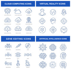 Modern technologies icons set for such themes as cloud computing, virtual reality, gene editing, and artificial intelligence