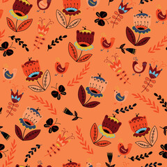 Vector folk flowers and birds seamless pattern blue
