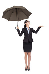 Portrait of a businesswoman looking out from under umbrella 