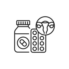 Tablets for treatment of gynecological diseases black line icon. Pill bottle and blister. Pictogram for web page, mobile app.