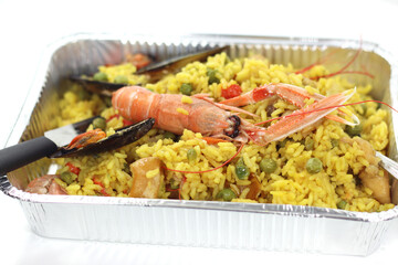 rotisserie prepared Valencian paella risotto with sea fish rotisserie prepared Valencian paella risotto with sea fish