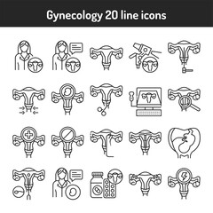 Obraz premium Gynecology black line icons set. Female reproductive system medical checkup. Pictograms for web page, mobile app.