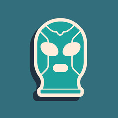 Green Mexican wrestler icon isolated on green background. Long shadow style. Vector.