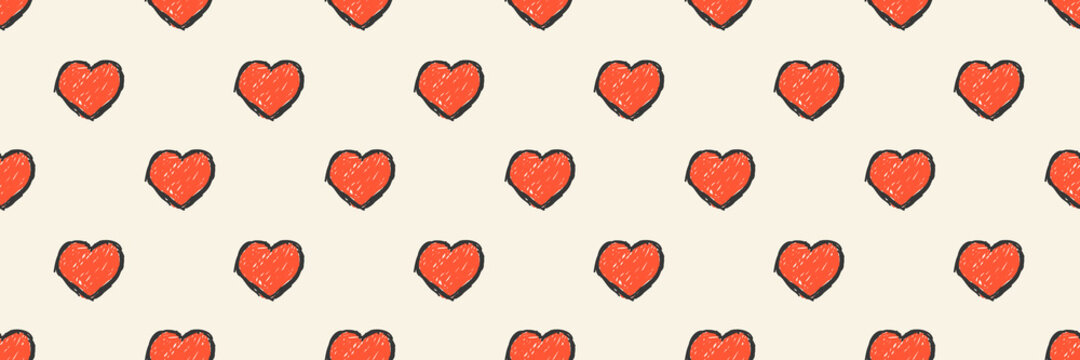 Heart background long banner, Hand drawn doodle style red hearts with black outline repetitive pattern