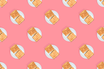 Waffles seamless pattern. Appetizing waffles on a white plate.
