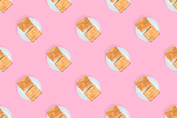 Waffles seamless pattern. Appetizing waffles on a white plate.