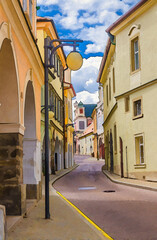 Watercolor drawing of Narrow street in Kutna Hora historical Town Centre with cobblestone road, old style colorful buildings
