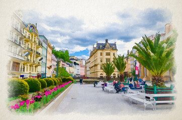 Fototapeta na wymiar Watercolor drawing of Karlovy Vary: people are walking down street and Tepla river embankment in Karlsbad historical city centre