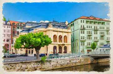 Watercolor drawing of Karlovy Vary: Municipal Theatre Neo-Baroque building at Theatre Square in Karlsbad historical city centre