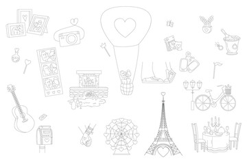 Doodles for Valentine's Day. Icons on the theme of St. Valentine. Collection of line drawings