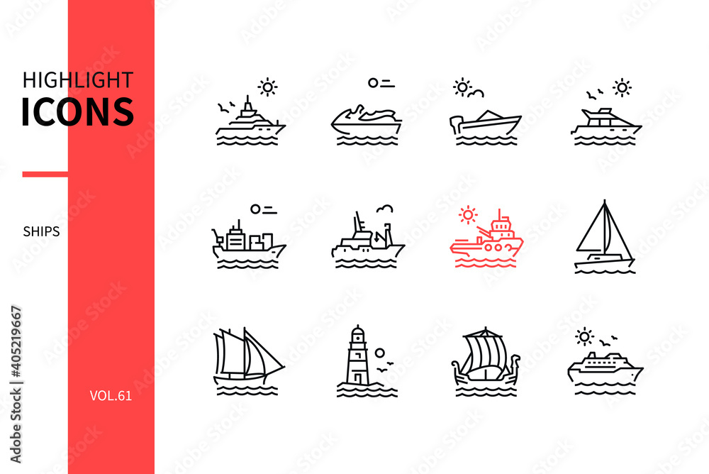 Poster different ships - line design style icons set