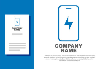 Blue Smartphone charging battery icon isolated on white background. Phone with a low battery charge. Logo design template element. Vector.