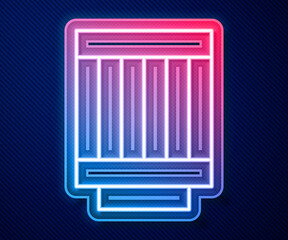 Glowing neon line Car air filter icon isolated on blue background. Automobile repair service symbol. Vector.