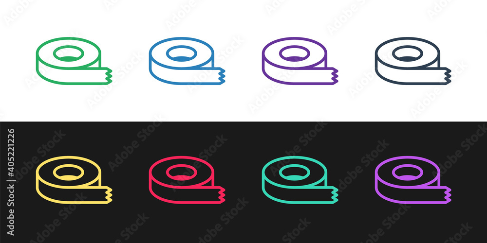 Poster set line scotch tape icon isolated on black and white background. insulating tape. vector.