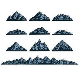 Set of mountais, hand drawn line style with digital color, vector illustration