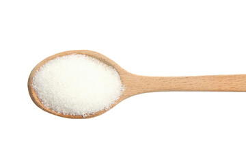 Sugar in wooden spoon closeup isolated on white.