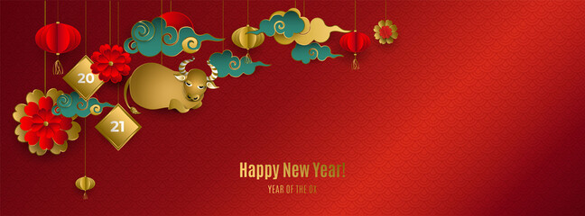 Fototapeta na wymiar Happy Chinese New Year 2021 of ox. Banner with hanging gold bull, clouds, lanterns, flowers on red background. For cover social network, cards, poster, invitation. Paper style. Vector illustration.