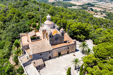 Aerial view, Santuari de Bonany monastery, near Petra,  Mallorca, Balearic Islands, Spain