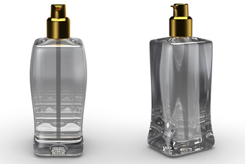 Glass perfume bottle in transparency background. Showing front and 3D view.