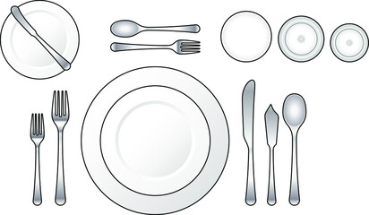 Diagram: Place setting for a formal dinner with soup and fish courses.