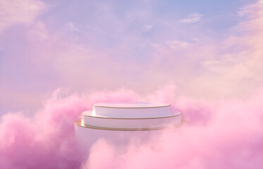 Natural beauty podium backdrop for product display with dreamy sky background. Romantic 3d scene.