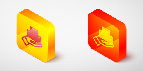 Isometric line Skyscraper icon isolated on grey background. Metropolis architecture panoramic landscape. Yellow and orange square button. Vector.