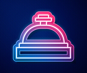 Glowing neon line Hotel service bell icon isolated on blue background. Reception bell. Vector.