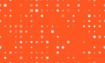Seamless background pattern of evenly spaced white basketball symbols of different sizes and opacity. Vector illustration on deep orange background with stars