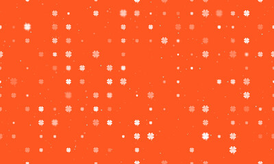 Seamless background pattern of evenly spaced white four-leaf clover symbols of different sizes and opacity. Vector illustration on deep orange background with stars