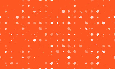 Seamless background pattern of evenly spaced white forget-me-not flowers of different sizes and opacity. Vector illustration on deep orange background with stars