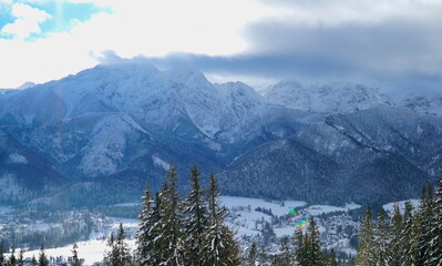 Winter snow covered Tatra mountains peaks in Europe. Great place for winter sports. Zakopane, Poland. 